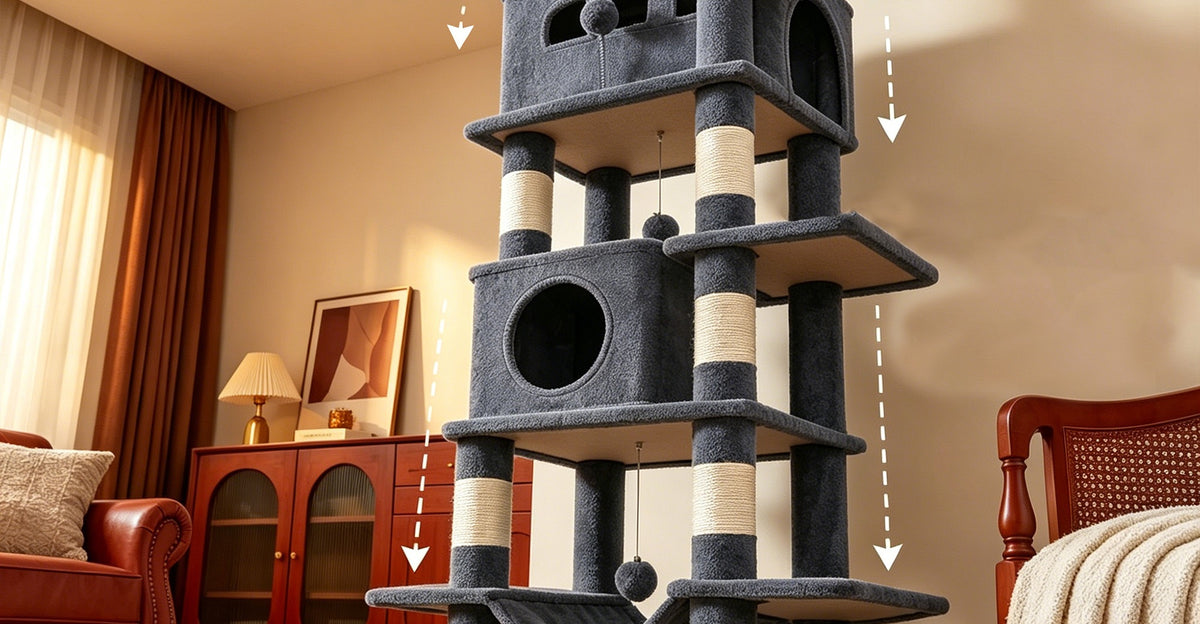 Détail des plateformes et de la corbeille suspendue de l'arbre à chat 170 cm