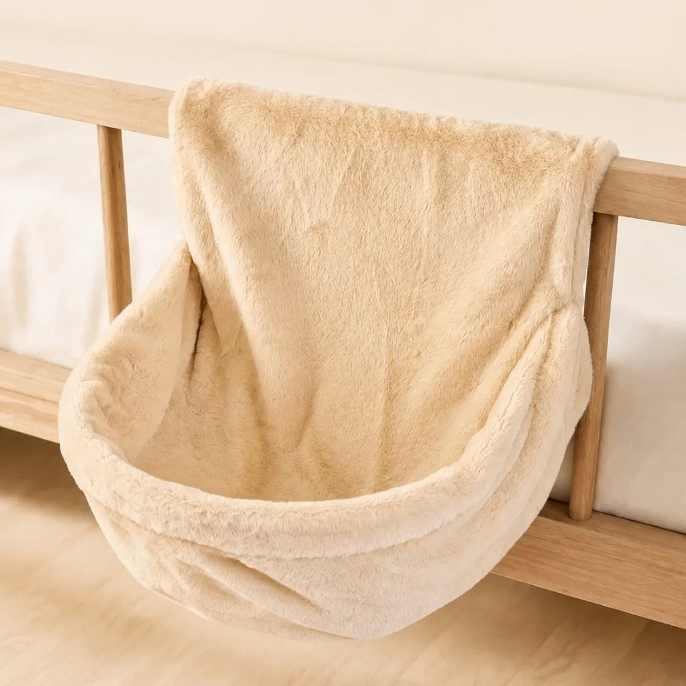 Hamac de radiateur pour chat en peluche, coloris beige peluche, nid souple suspendu sur une traverse en bois clair