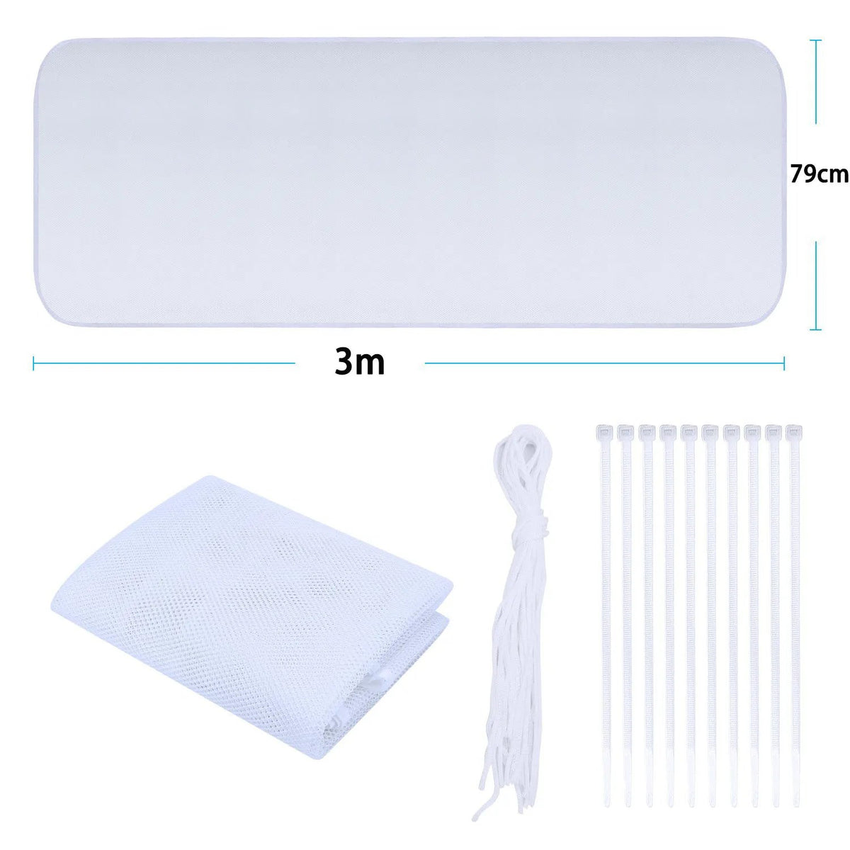 Contenu du colis : bande de maille de 3 m par 79 cm, cordelette et colliers de serrage — clôture balcon chat
