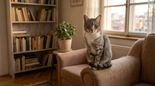 Chat de gouttière gris tigré au poitrail blanc assis sur l'accoudoir d'un canapé, salon avec bibliothèque