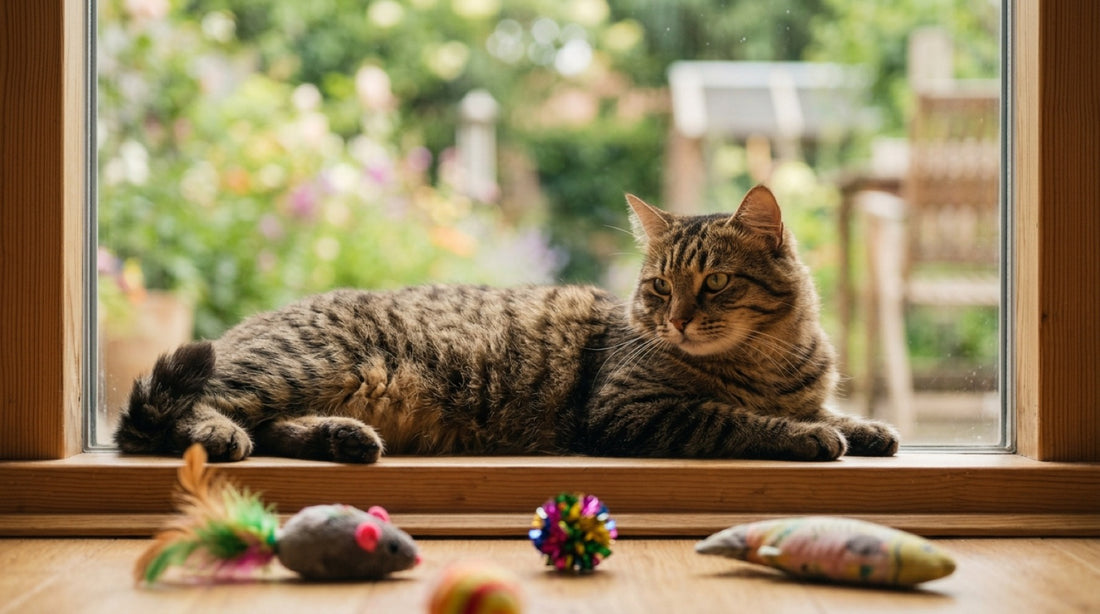 Chat qui s'ennuie sur un rebord de fenêtre, ses jouets ignorés au sol : reconnaître les signes