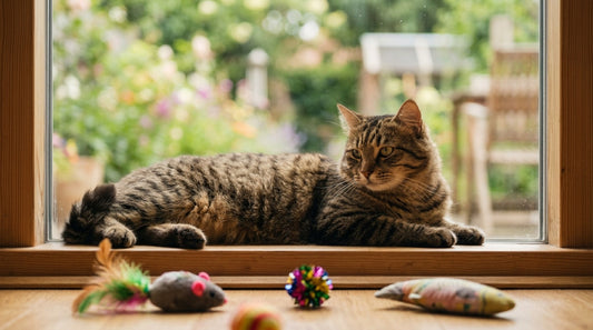 Chat qui s'ennuie sur un rebord de fenêtre, ses jouets ignorés au sol : reconnaître les signes