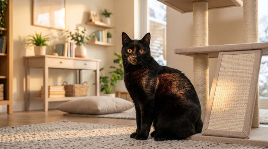 Chat noir aux yeux cuivre assis au soleil au pied d'un arbre à chat, reflets roux sur son dos