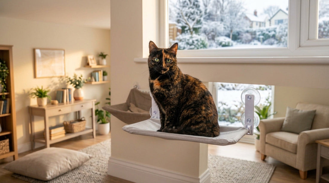 Chatte écaille de tortue, robe noire et rousse avec flamme sur le front, assise sur un hamac de fenêtre à ventouses