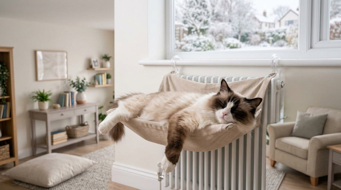 Chat ragdoll seal bicolore endormi, pattes relâchées, dans un hamac accroché à un radiateur devant une fenêtre enneigée