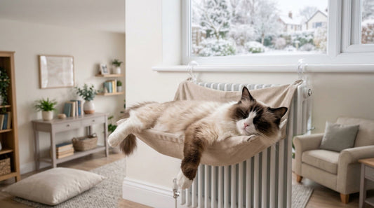Chat ragdoll seal bicolore endormi, pattes relâchées, dans un hamac accroché à un radiateur devant une fenêtre enneigée