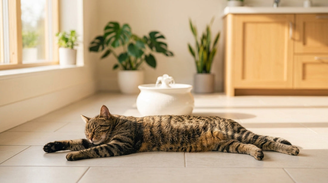 Chat étalé sur un carrelage frais près d'une fontaine, lumière d'été : comment rafraîchir un chat