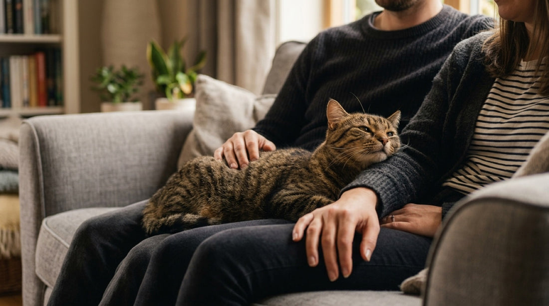 Chat jaloux installé entre deux personnes sur un canapé, la tête contre un bras : ce qu'il réclame vraiment