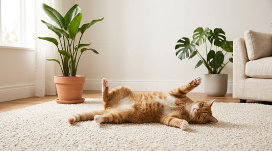 Chat heureux roux et blanc couché sur le dos au milieu d'un tapis, ventre exposé et pattes relâchées