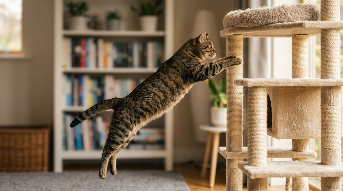 Chat hyperactif en plein bond vers son arbre à chat : canaliser le quart d'heure de folie