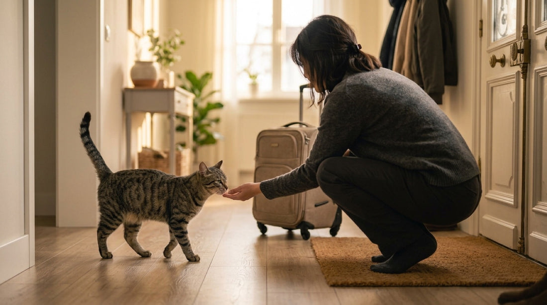 En combien de temps un chat oublie son maître : chat tigré qui renifle la main d'une personne de retour, valise derrière