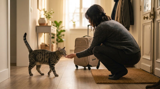 En combien de temps un chat oublie son maître : chat tigré qui renifle la main d'une personne de retour, valise derrière