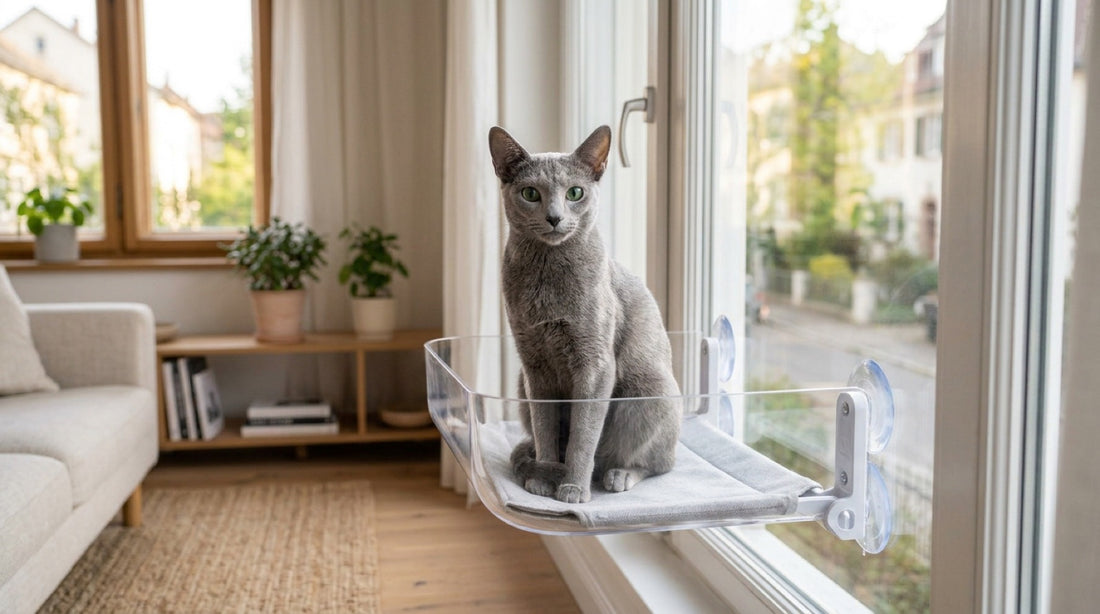 Chat bleu russe aux yeux verts assis sur un hamac de fenêtre à ventouses, robe gris-bleu argentée