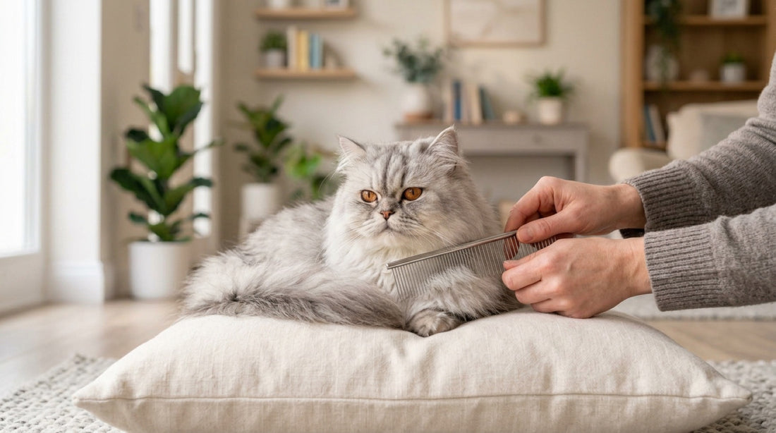 Chat persan gris argenté couché sur un coussin, deux mains passant un peigne en acier dans sa fourrure longue