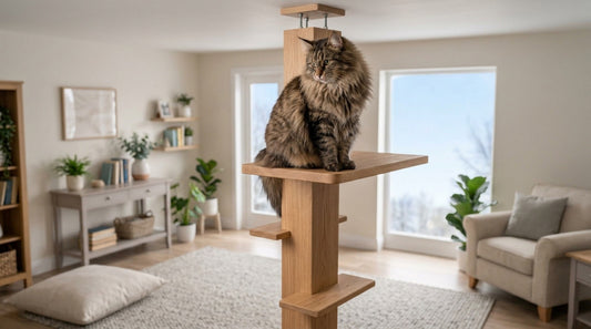 Chat norvégien brown tabby à collerette perché sur le palier haut d'un mât en bois du sol au plafond