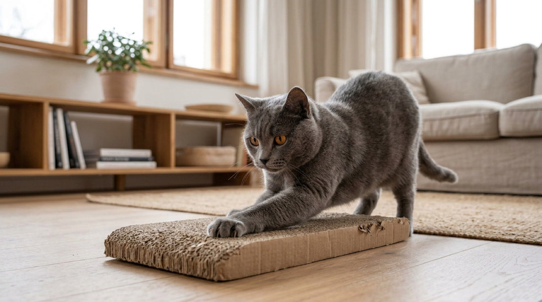 Chat chartreux bleu aux yeux cuivre en train de griffer un griffoir en carton ondulé posé au sol