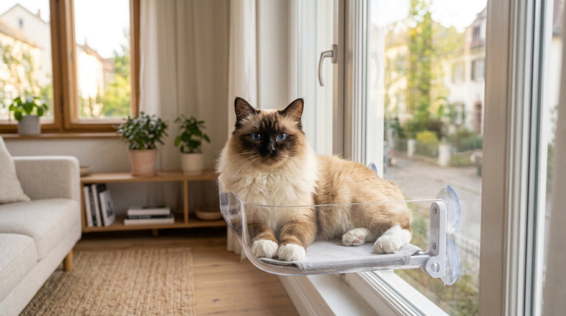 Chat sacré de Birmanie aux yeux bleus et aux quatre gants blancs, couché sur un hamac de fenêtre