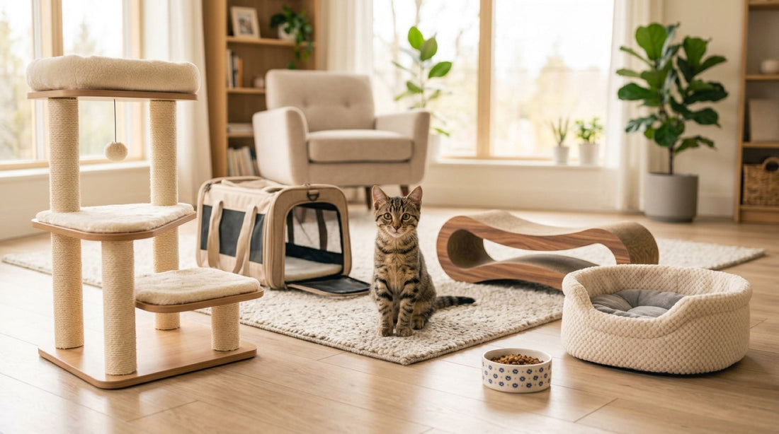 Combien coûte un chat : chaton tigré entouré de son équipement de départ, arbre à chat, sac de transport, griffoir, panier