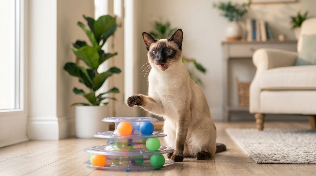 Chat siamois seal point aux yeux bleus, patte levée vers une tour à balles, bouche entrouverte