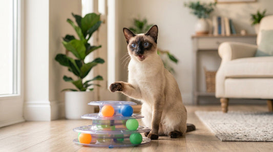Chat siamois seal point aux yeux bleus, patte levée vers une tour à balles, bouche entrouverte