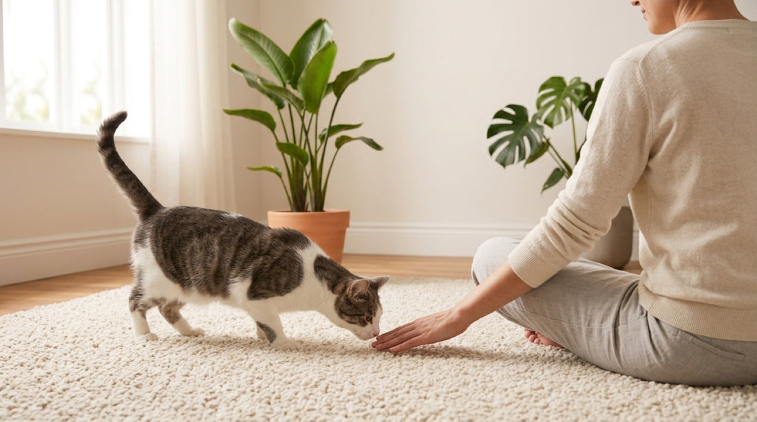 Chat gris et blanc qui vient sentir la main tendue à plat d'une personne assise au sol, queue haute