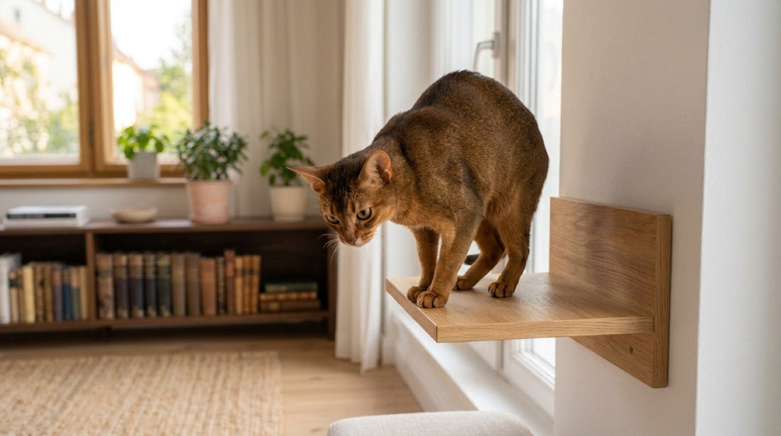 Chat abyssin au poil tiqueté brun-roux en équilibre sur une étagère murale en bois, prêt à sauter