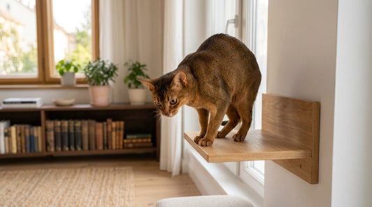 Chat abyssin au poil tiqueté brun-roux en équilibre sur une étagère murale en bois, prêt à sauter