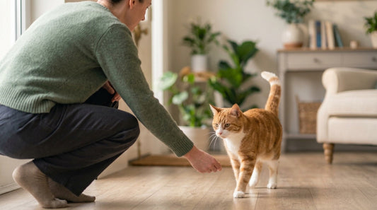 Bruit pour attirer un chat : personne accroupie qui frotte ses doigts au sol, chat roux qui s'approche queue haute