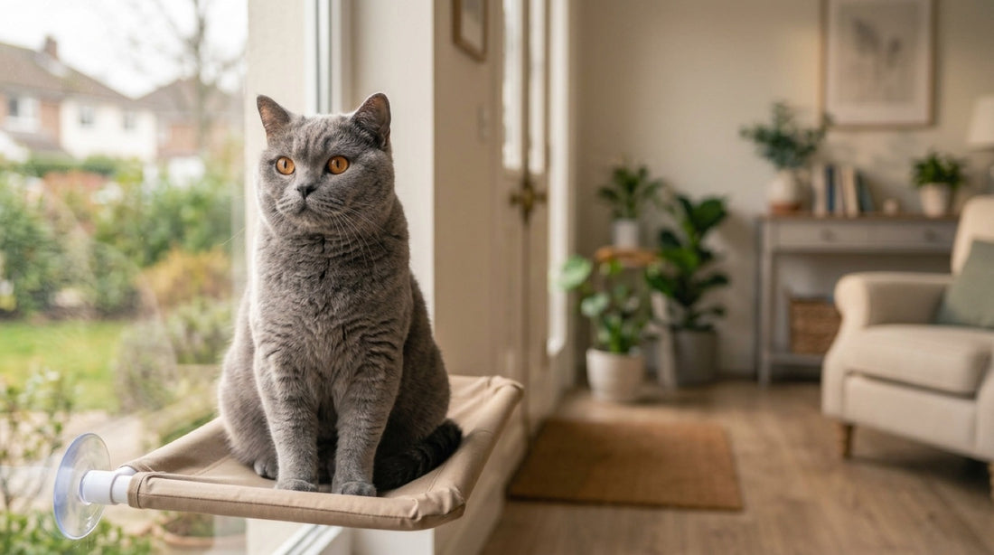 British shorthair bleu aux yeux cuivre assis sur un hamac de fenêtre à ventouses, regardant dehors