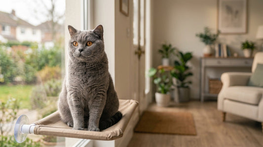 British shorthair bleu aux yeux cuivre assis sur un hamac de fenêtre à ventouses, regardant dehors