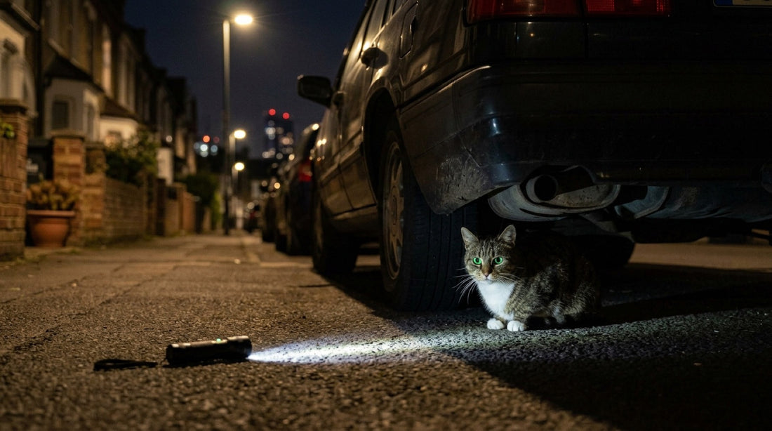 Chat perdu tapi sous une voiture la nuit, yeux brillants dans le faisceau d'une lampe torche