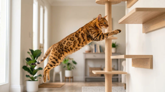 Chat bengal à rosettes en plein bond vers une étagère murale en bois, mât du sol au plafond derrière lui