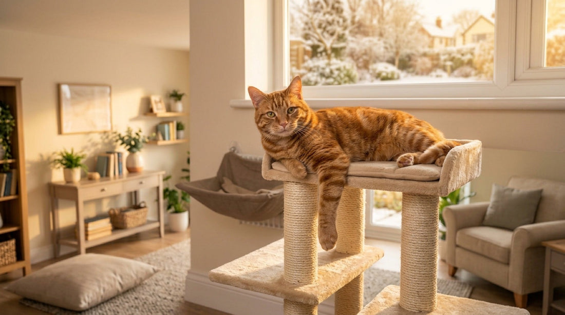 Chat roux tigré mâle couché sur le plateau d'un arbre à chat en sisal, patte pendante, lumière dorée