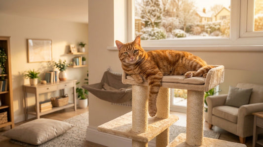 Chat roux tigré mâle couché sur le plateau d'un arbre à chat en sisal, patte pendante, lumière dorée