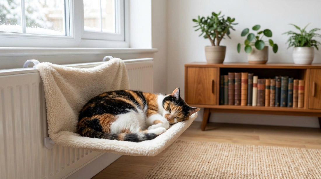 Chatte tricolore calico noire, rousse et blanche endormie dans un hamac de radiateur en peluche