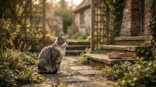 Chat errant gris et blanc assis à distance dans une cour, observant une gamelle posée sur une marche