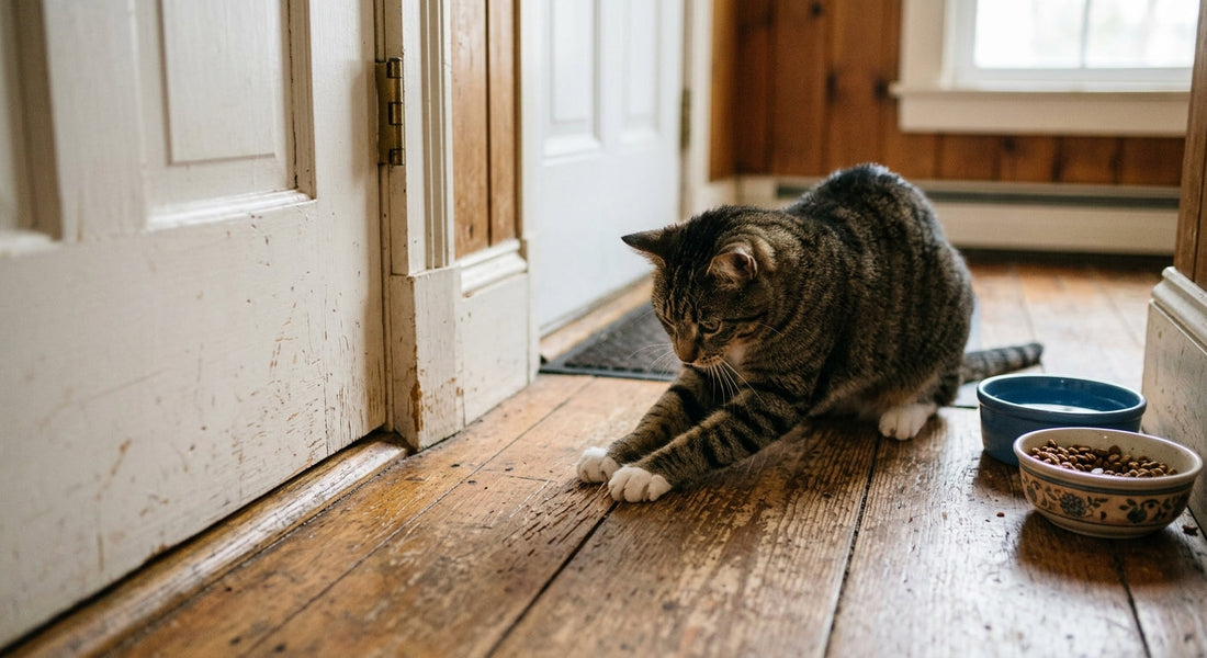 Chat qui gratte le sol autour de la gamelle, aux portes