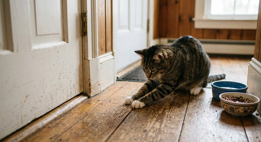 Chat qui gratte le sol autour de la gamelle, aux portes