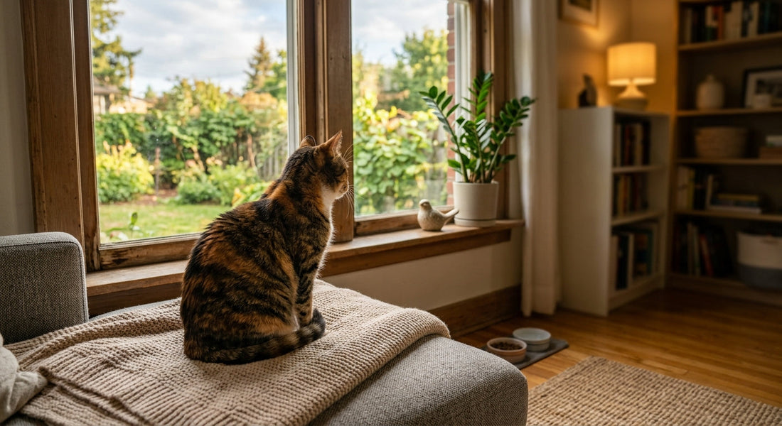 Laisser un chat seul : une chatte écaille assise sur un fauteuil regarde le jardin par la fenêtre