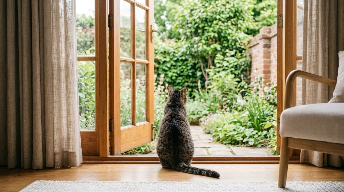Laisser sortir son chat : un chat assis sur le seuil d'une porte-fenêtre ouverte sur un jardin clos