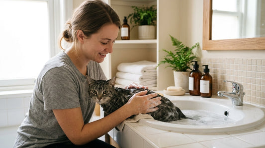 Laver un chat : une personne savonne doucement un chat tigré dans une vasque de salle de bains
