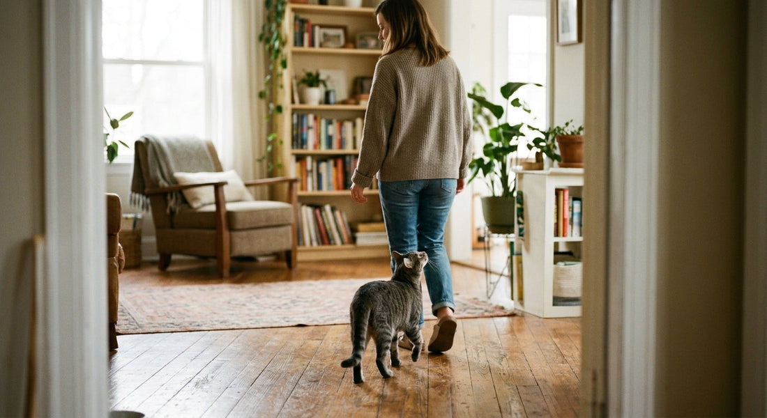 Mon chat me suit partout : un chat tigré emboîte le pas de sa propriétaire dans le salon