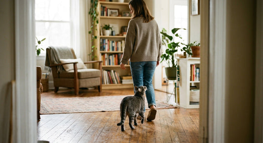 Mon chat me suit partout : un chat tigré emboîte le pas de sa propriétaire dans le salon