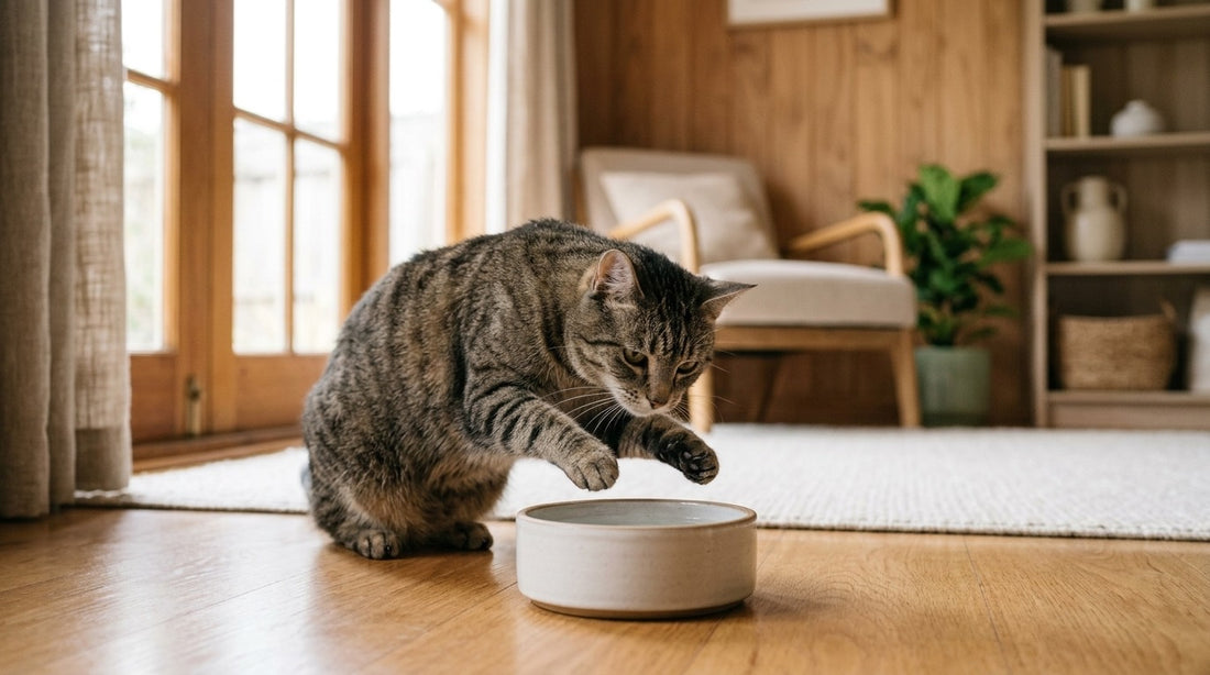Pourquoi les chats n'aiment pas l'eau : un chat lève la patte au-dessus de son bol, hésitant