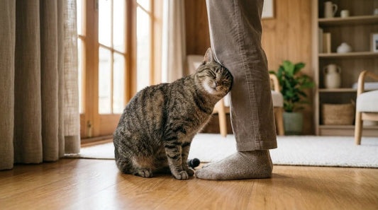 Pourquoi mon chat se frotte contre moi : un chat marque sa joue contre la jambe de son humain