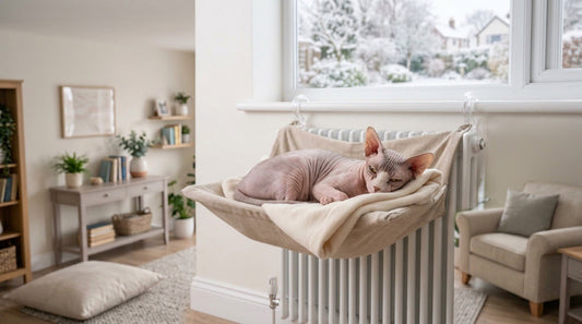 Chat sphynx sans poil enroulé sur une couverture polaire dans un hamac de radiateur, fenêtre enneigée derrière