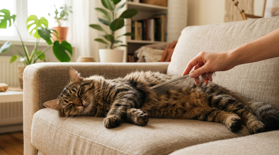 Chat tigré peigné sur un canapé : démêler les nœuds et bourres de poils sans lutter