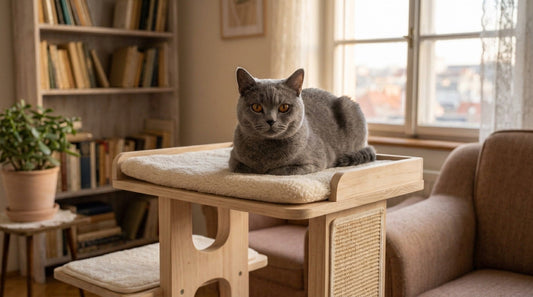 Chat gris-bleu uni aux yeux dorés couché sur le plateau d'un arbre à chat en bois clair