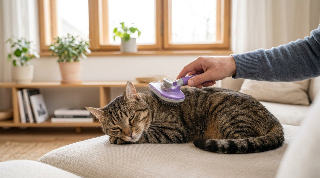 Toilettage du chat : chat tigré détendu sur un canapé pendant qu'une main le brosse avec une brosse autonettoyante