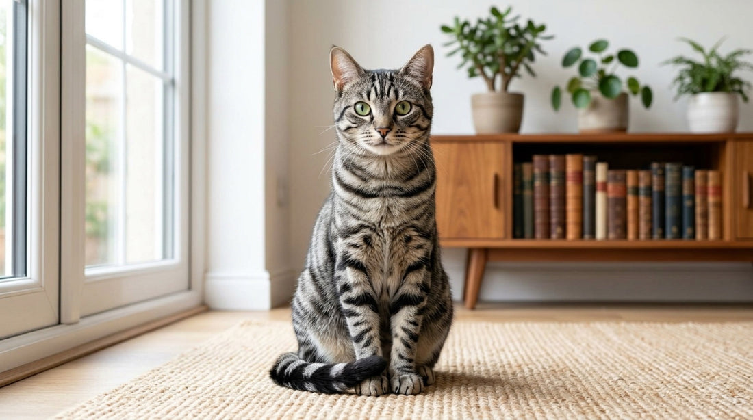 Chat tigré gris aux rayures verticales nettes et au M sur le front, assis de face sur un tapis